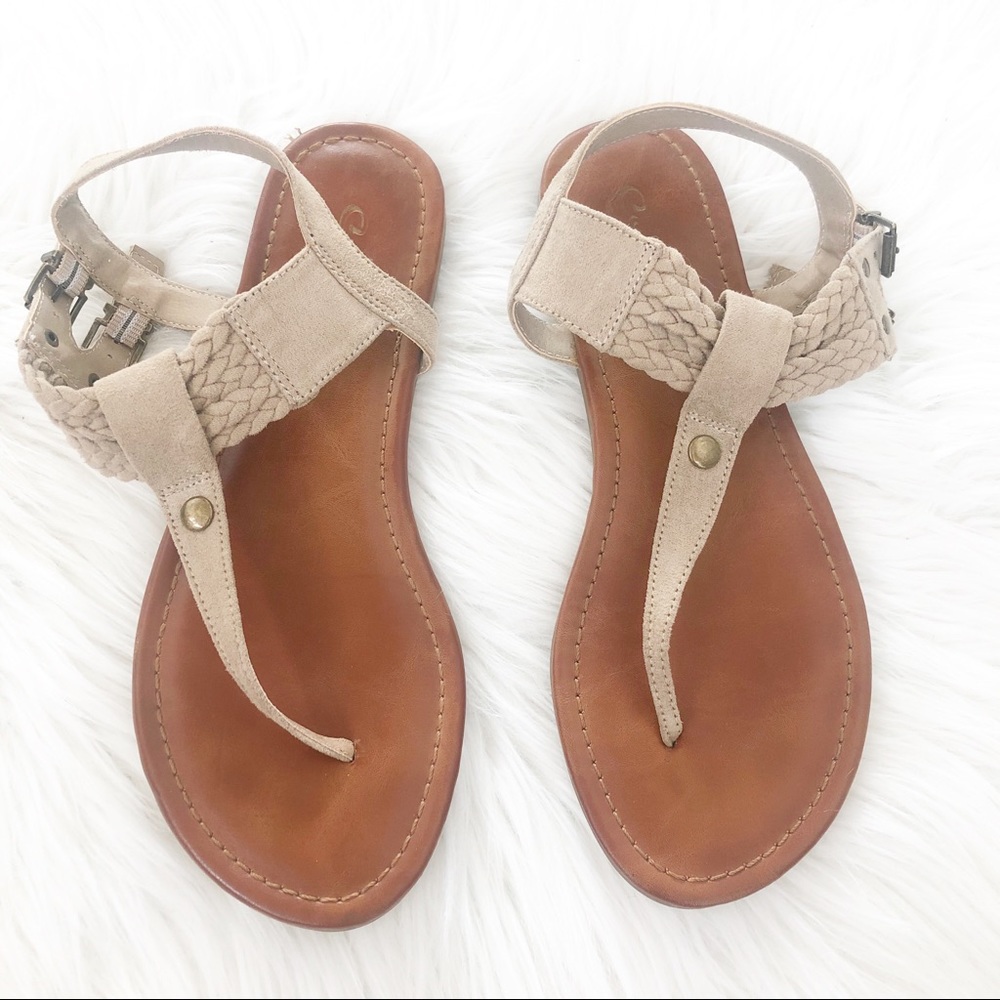 CURFEW T Strap Tan Faux Leather Suede Sandals